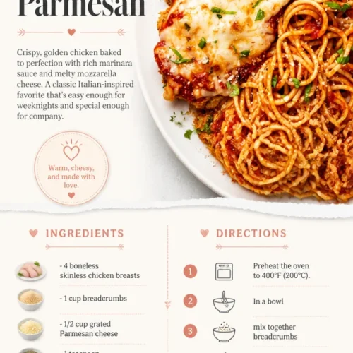 Baked Chicken Parmesan served with marinara sauce and melted cheese