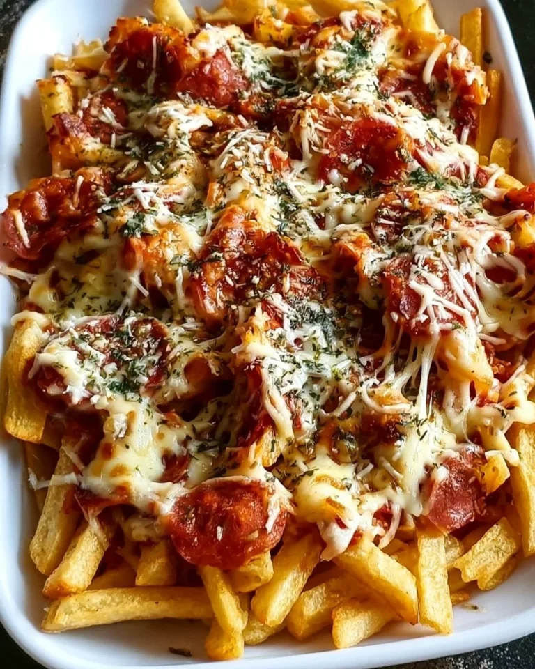 Baked pizza fries topped with cheese and pepperoni on a serving platter.
