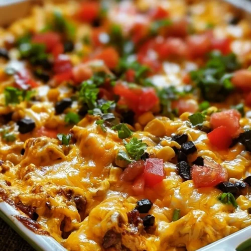 Delicious homemade taco casserole topped with cheese and garnished with cilantro.