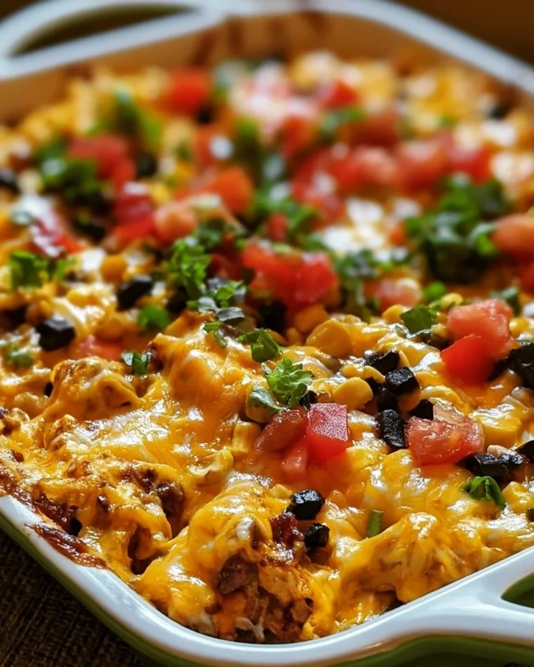 Delicious homemade taco casserole topped with cheese and garnished with cilantro.