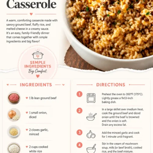 Cheesy ground beef and rice casserole served in a dish with melted cheese on top.