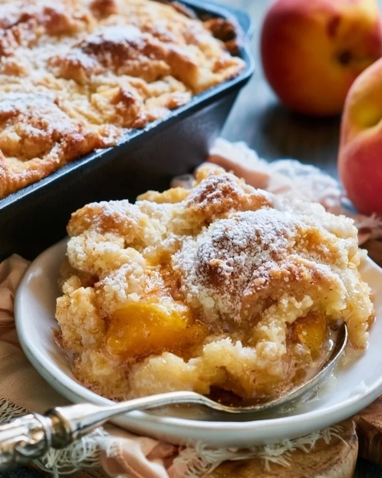 Classic Southern peach cobbler topped with a golden crust and fresh peaches
