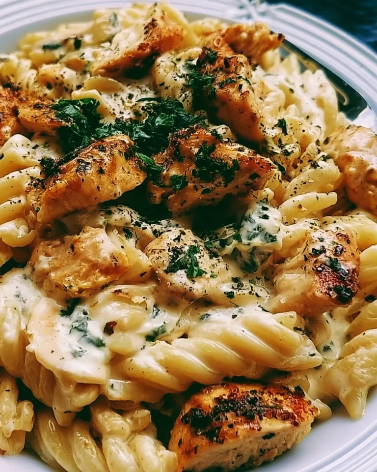 Creamy ricotta chicken pasta dish garnished with herbs and parmesan cheese