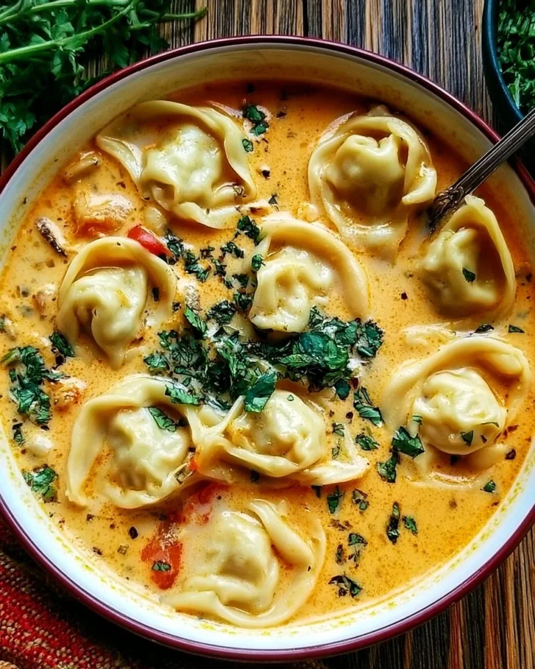 Bowl of creamy Thai dumpling soup garnished with herbs and spices