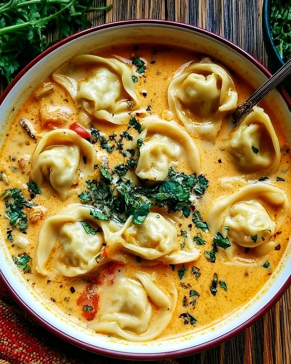 Bowl of creamy Thai dumpling soup garnished with herbs and spices