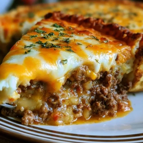 Homemade cheeseburger pie fresh out of the oven, ready to serve.