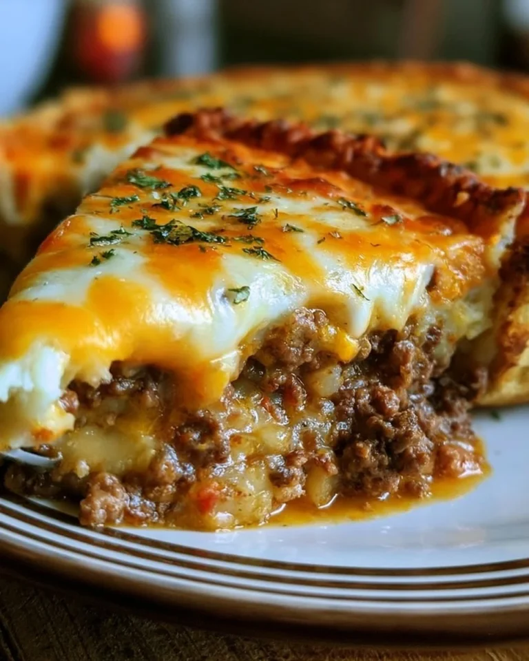 Homemade cheeseburger pie fresh out of the oven, ready to serve.