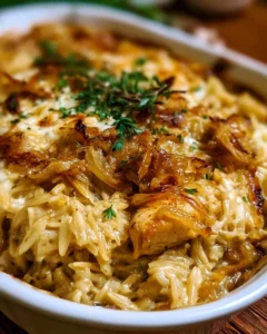 Delicious French Onion Chicken Orzo Bake topped with cheese