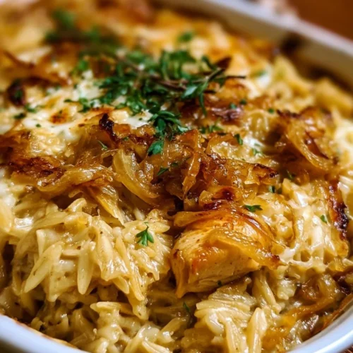Delicious French Onion Chicken Orzo Bake topped with cheese