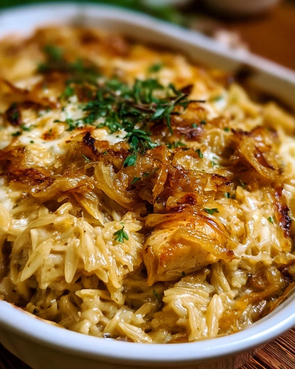 French Onion Chicken Orzo Bake Recipe