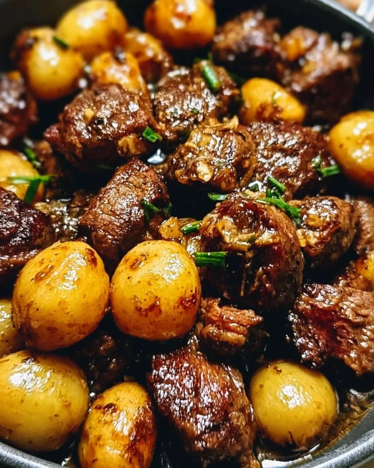 Garlic Butter Beef Bites with Potatoes in a skillet