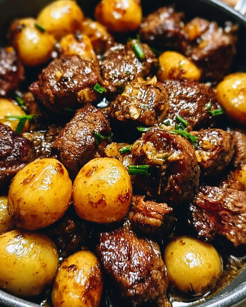 Garlic Butter Beef Bites with Potatoes in a skillet