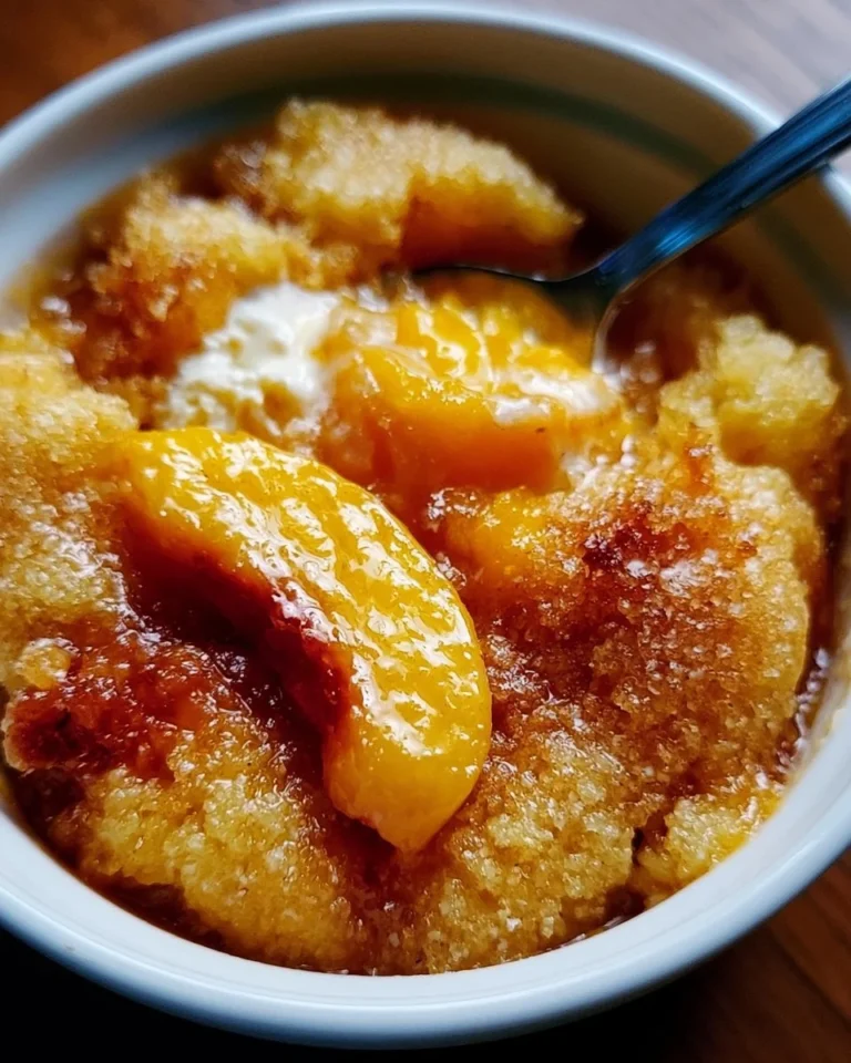 Delicious homemade peach cobbler served warm with ice cream