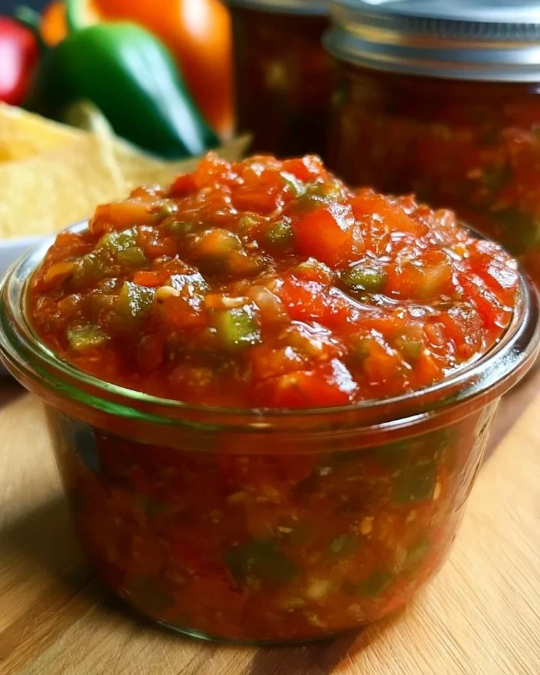 A jar of homemade salsa for canning, fresh ingredients, and vibrant colors.