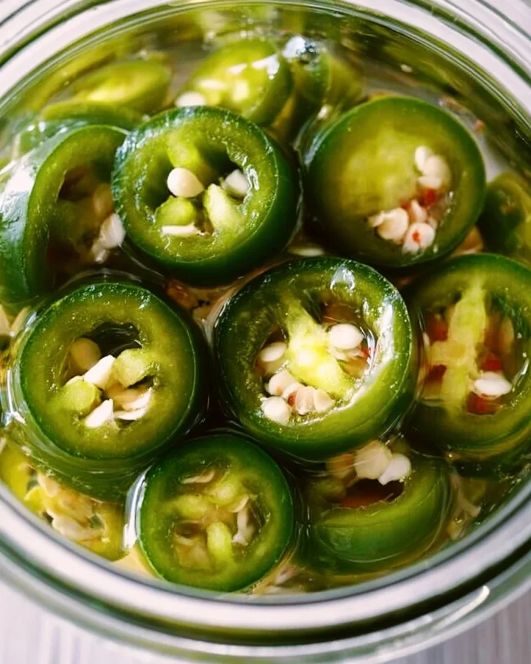 Homemade pickled jalapeños in a jar with spices and herbs