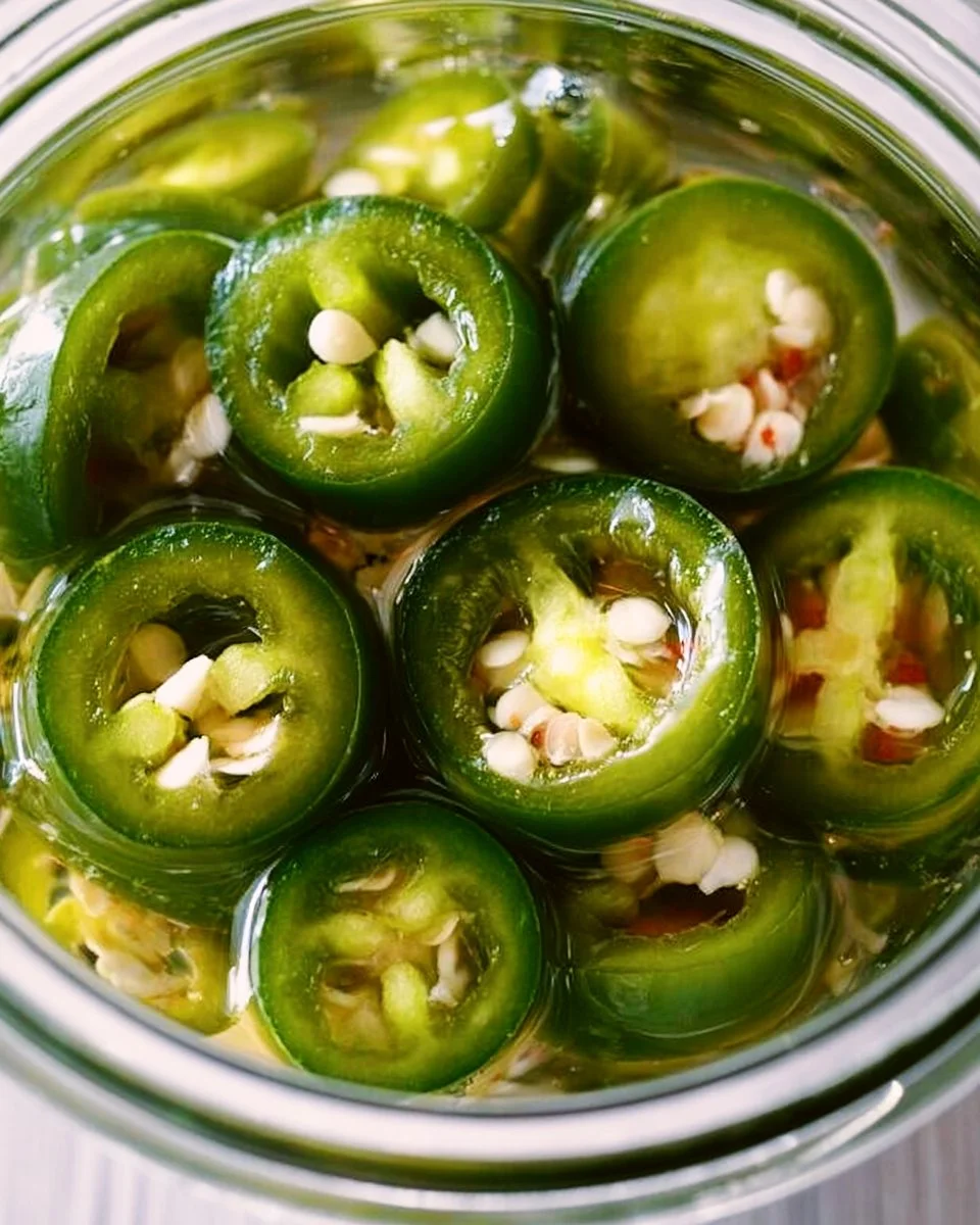 Homemade pickled jalapeños in a jar with spices and herbs