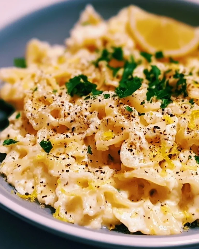 Plate of Lemon Ricotta Pasta garnished with fresh herbs and lemon slices