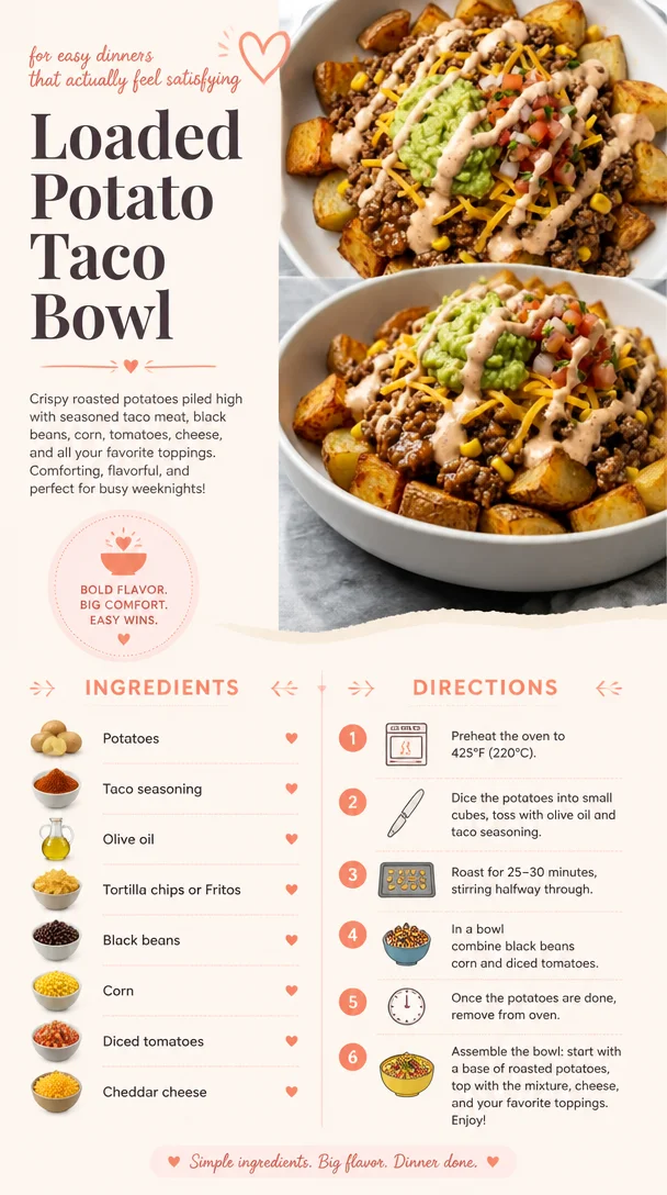Delicious Loaded Potato Taco Bowl topped with cheese and toppings