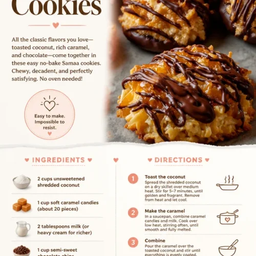 No-Bake Samoa Cookies topped with chocolate and caramel drizzles