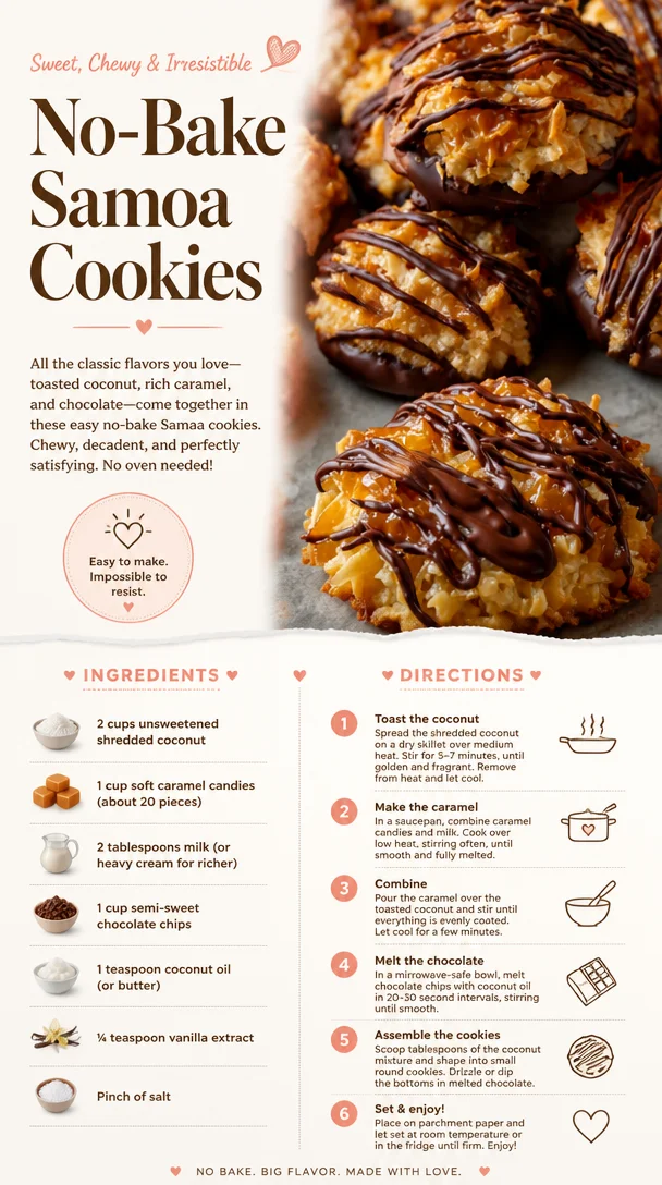 No-Bake Samoa Cookies topped with chocolate and caramel drizzles