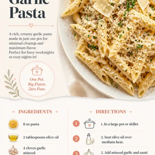 One pot creamy garlic pasta dish with herbs and spices.