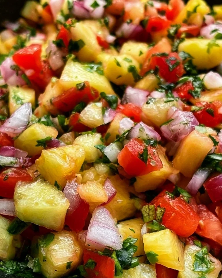 Delicious homemade pineapple salsa in a bowl with fresh ingredients.