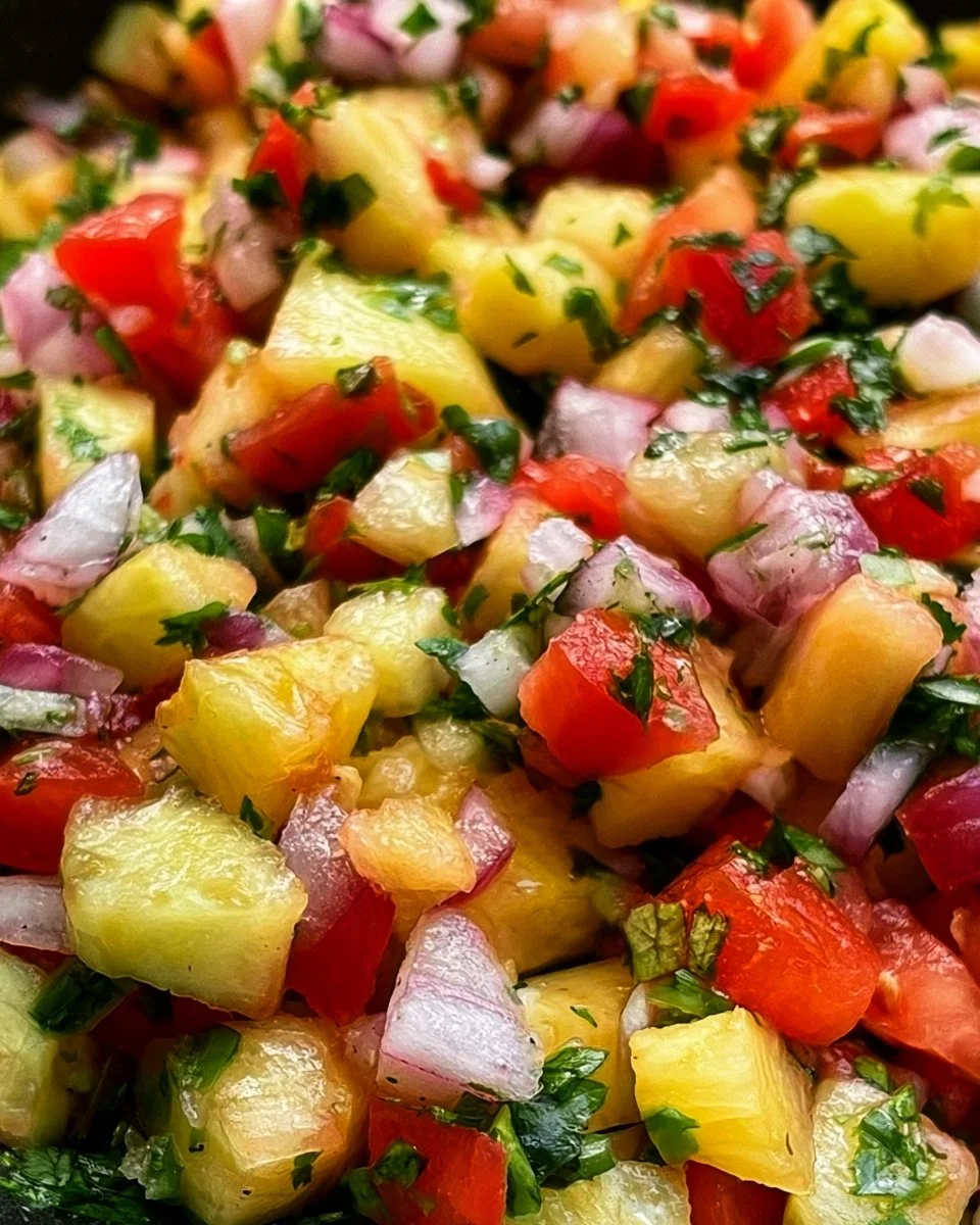 Delicious homemade pineapple salsa in a bowl with fresh ingredients.