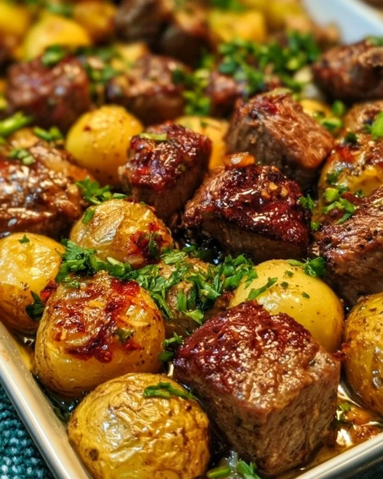 Sheet Pan Garlic Butter Steak Bites with Potatoes ready to serve