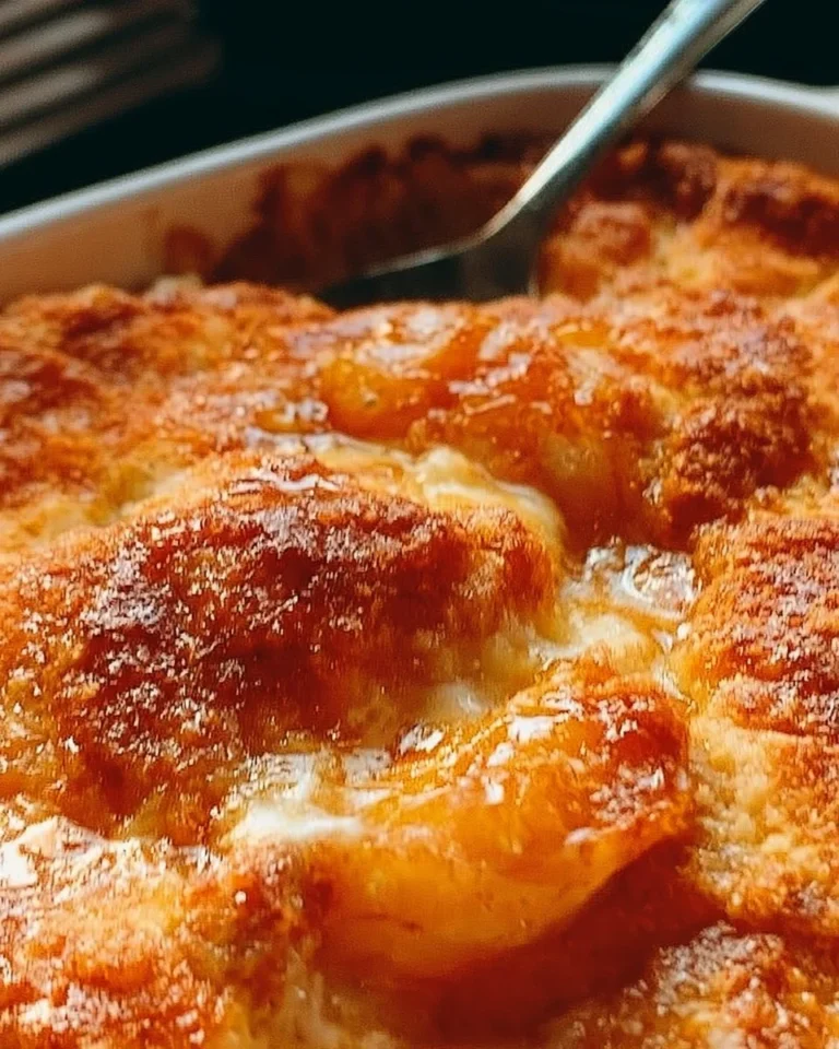 Delicious homemade peach cobbler with a golden crust and juicy peach filling.