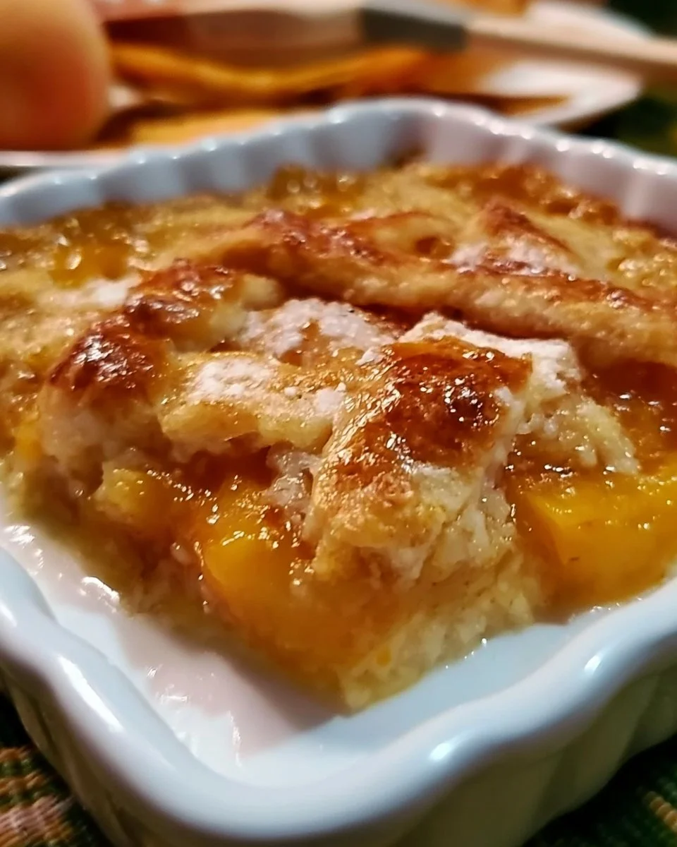 Delicious Southern peach cobbler served warm with a golden crust and fresh peaches.