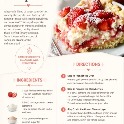 Delicious strawberry cheesecake dump cake topped with fresh strawberries and cream