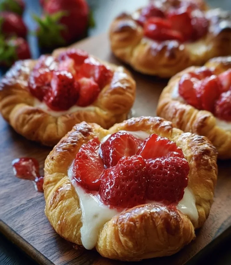 Freshly baked strawberry danishes with flaky pastry and fruit filling