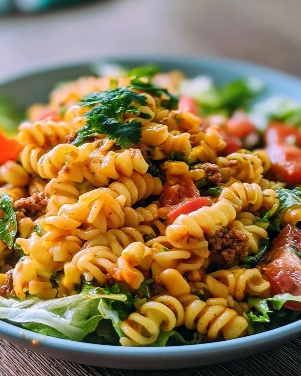 Colorful Taco Pasta Salad with fresh vegetables, cheese, and taco seasoning