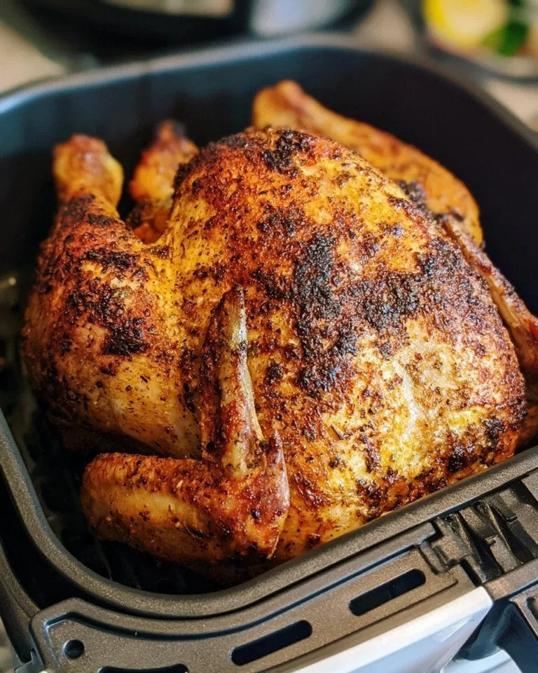 Air Fryer whole chicken cooked to perfection with crispy skin and juicy meat.