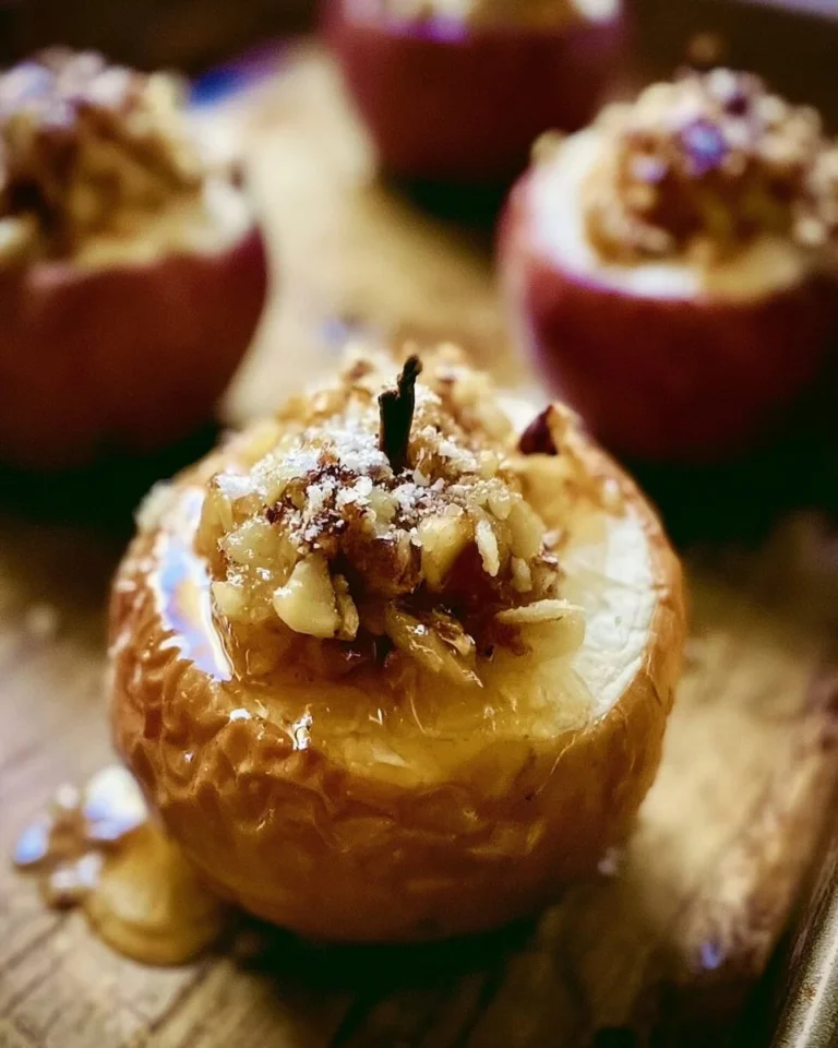 A delicious apple crisp stuffed baked apple topped with cinnamon and oat crumble.