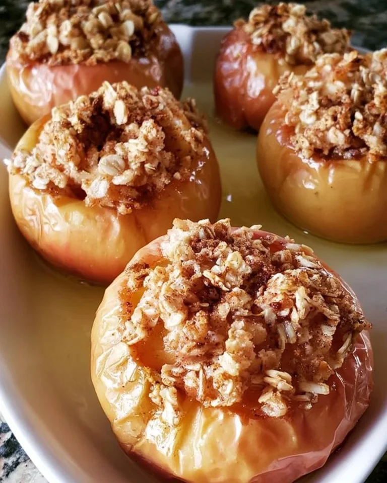 Delicious baked apples topped with a crispy oat mixture, perfect for dessert.