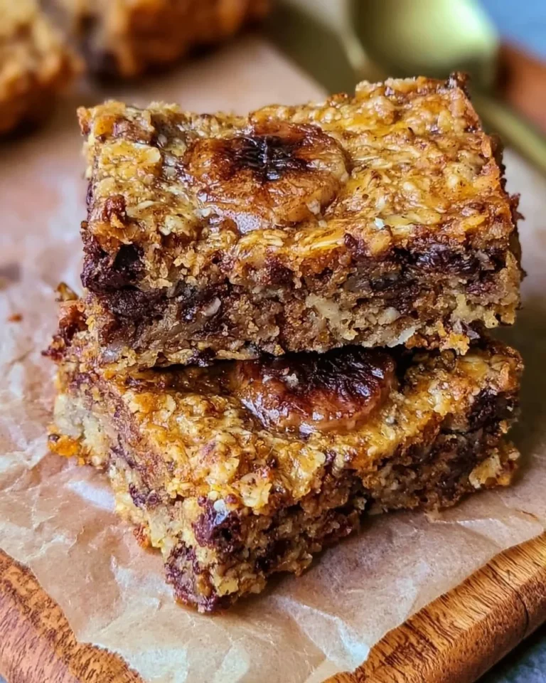Homemade banana oatmeal bars on a wooden cutting board