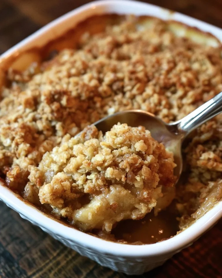 Delicious homemade apple crisp topped with crunchy oats and served warm.