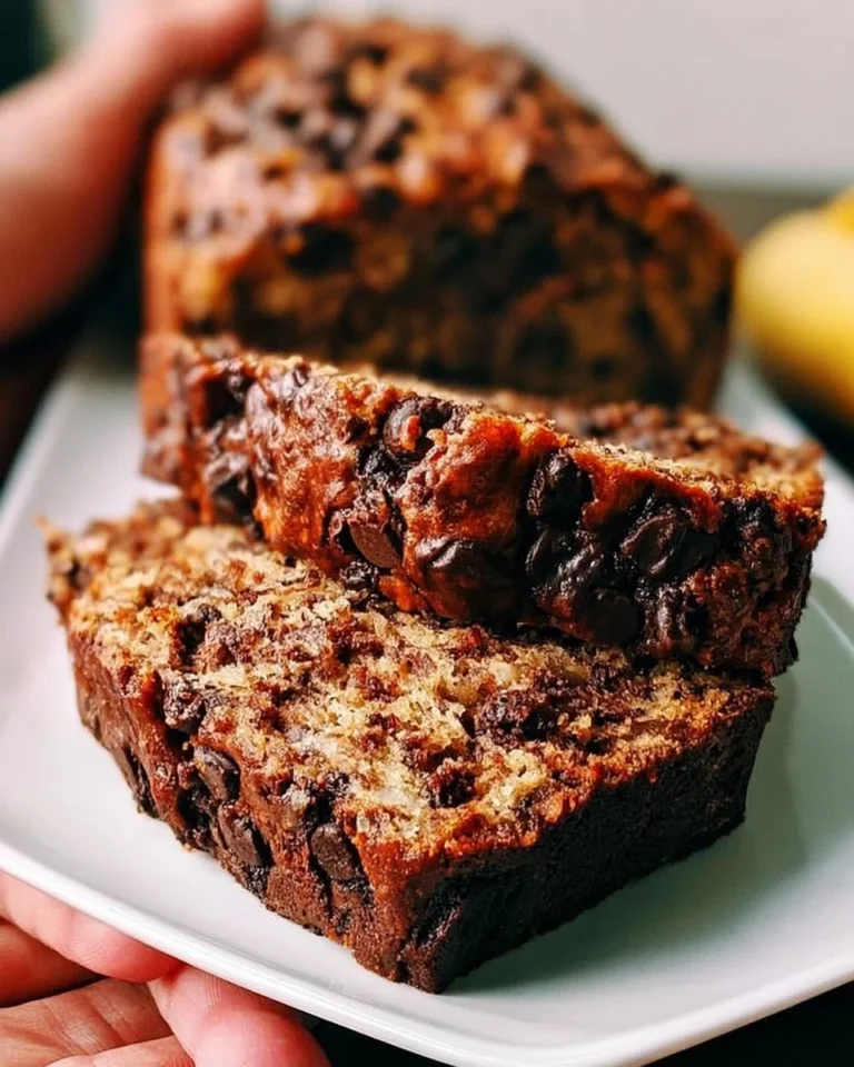 Deliciously moist chocolate chip banana bread slice on a wooden cutting board.