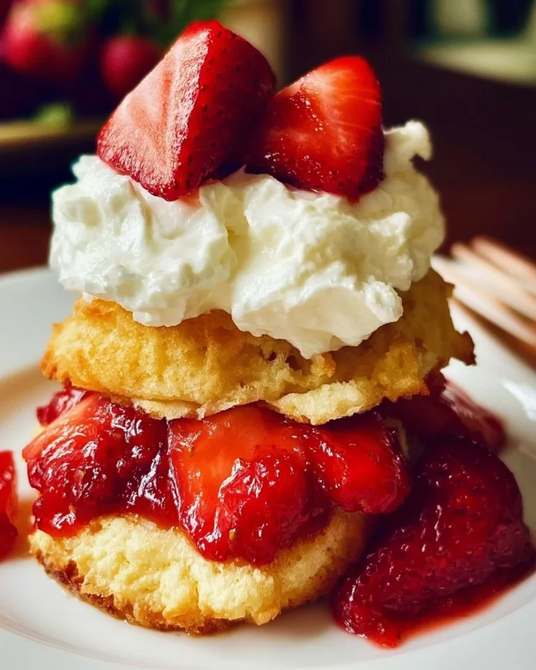 Delicious easy strawberry shortcake topped with fresh strawberries and cream