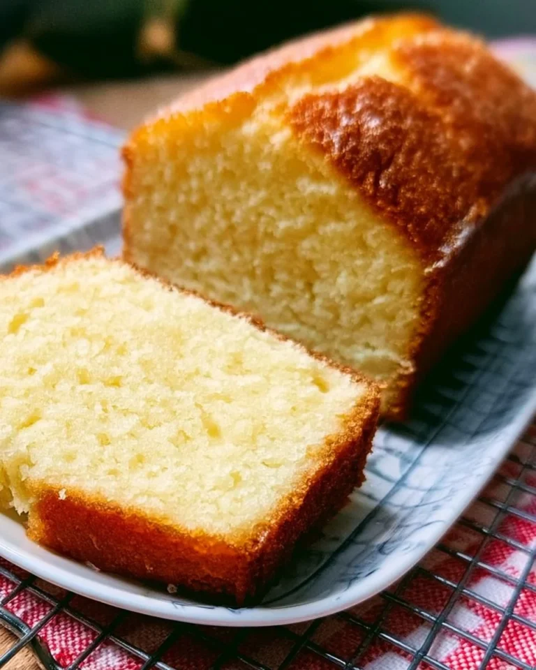 Deliciously moist slice of the best pound cake on a rustic plate.