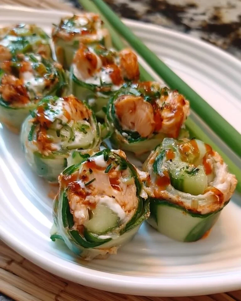 Buffalo Chicken Cucumber Rolls garnished with herbs on a plate
