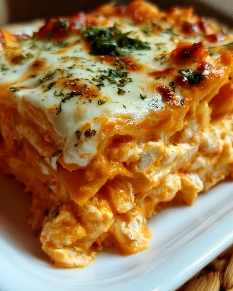 Delicious Buffalo Ranch Chicken Lasagna topped with cheese and fresh ingredients.