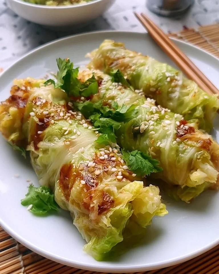 Cabbage-wrapped dumpling rolls served on a plate with dipping sauce