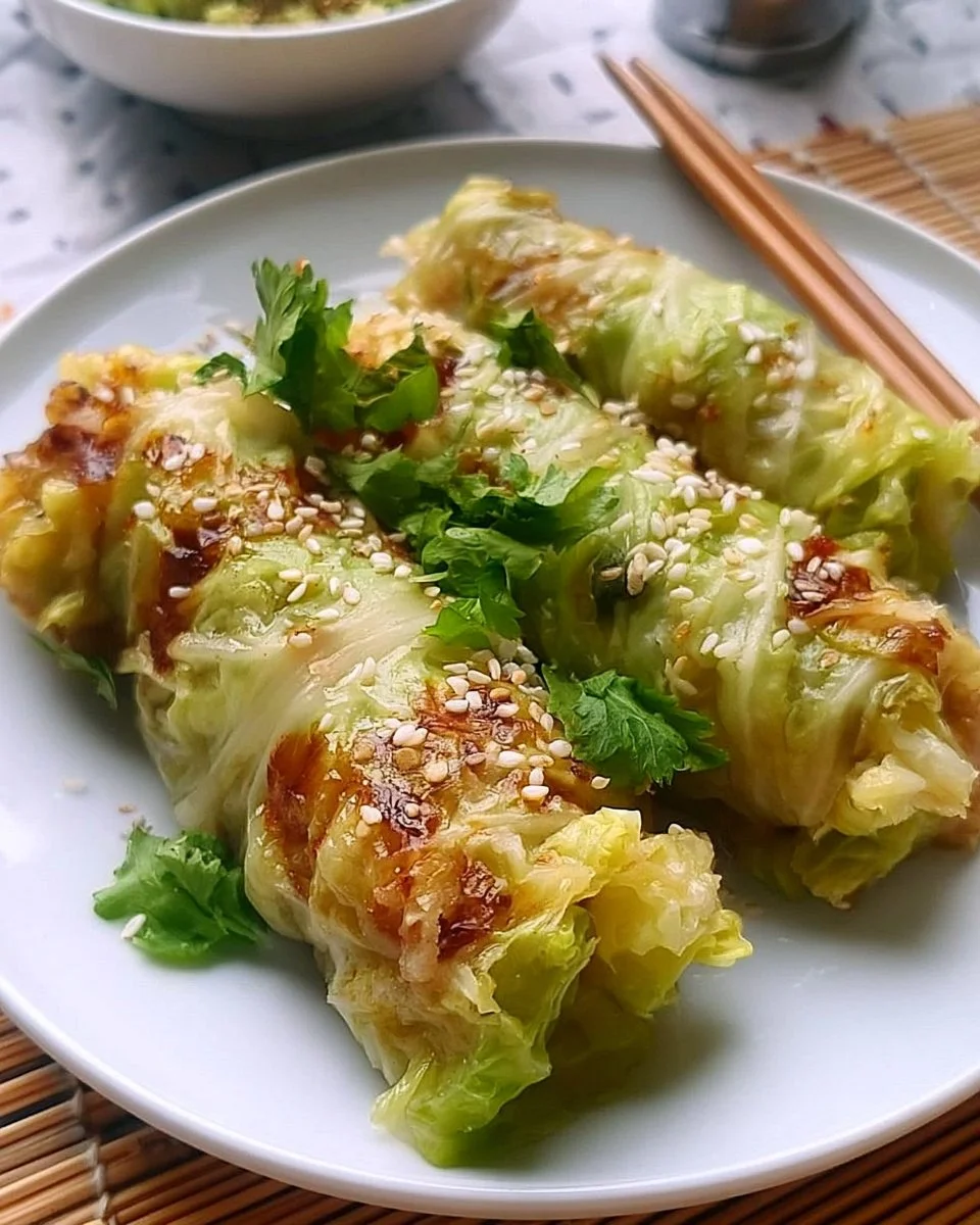 Cabbage-wrapped dumpling rolls served on a plate with dipping sauce