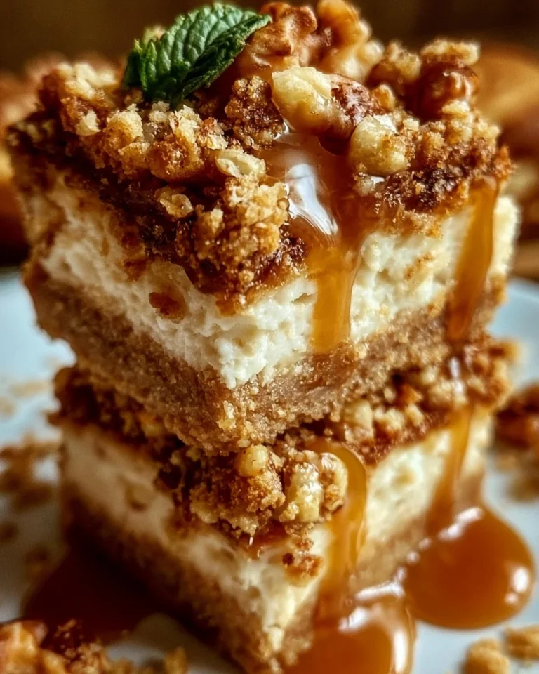 Delicious Caramel Apple Cheesecake Bars topped with caramel drizzle