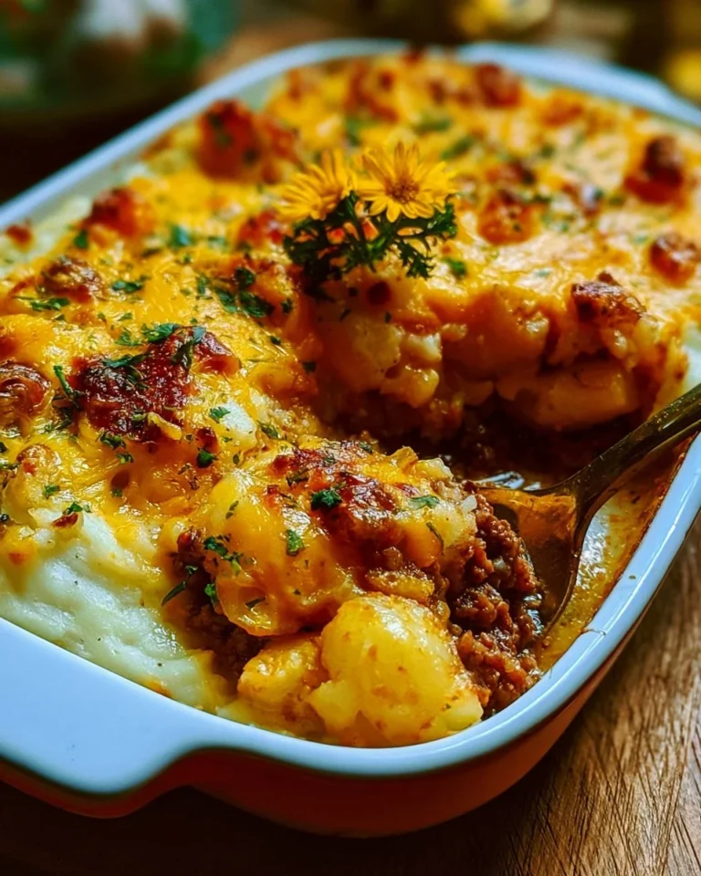 Cheesy hamburger potato casserole served in a baking dish, garnished with herbs.