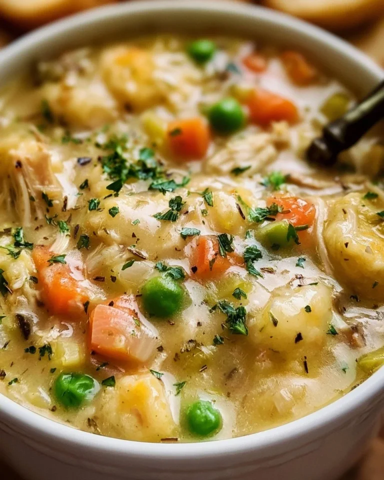 Bowl of Chicken Pot Pie Soup with vegetables and herbs