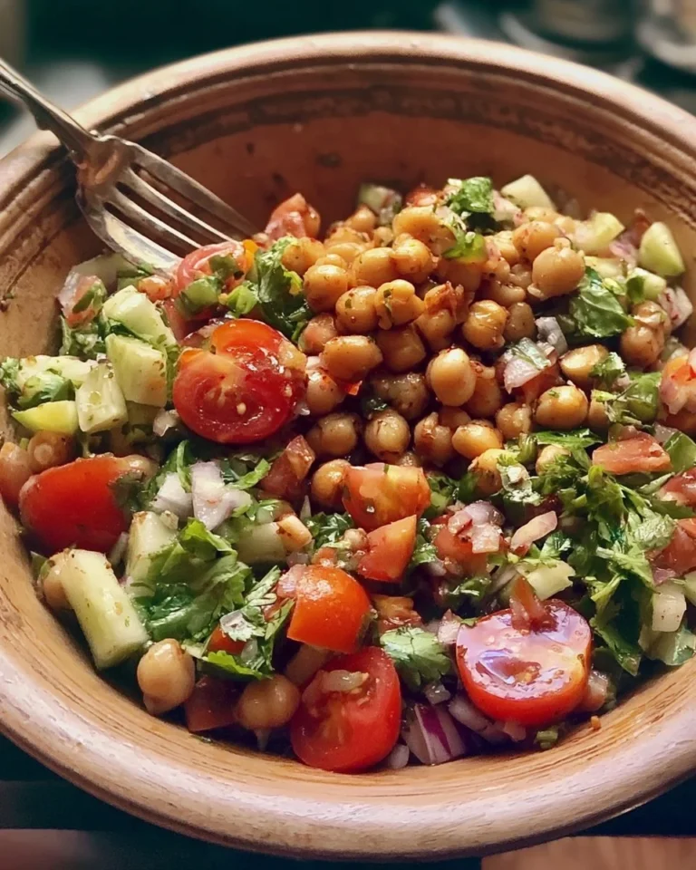 Vibrant chickpea salad with fresh vegetables and dressing in a bowl.