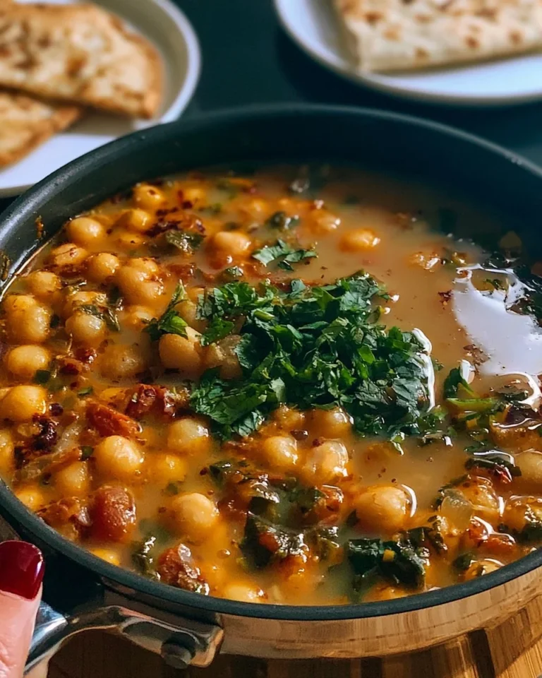 Bowl of delicious chickpea soup garnished with herbs and spices